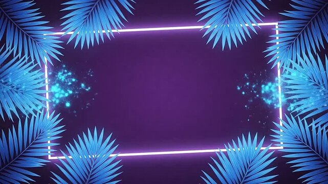 Vibrant neon frame with tropical leaves on a deep purple background