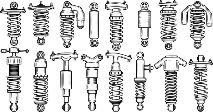 Automotive Shock Absorbers and Suspension Parts Line Art. Black and White Outline Sketch Collection of Car Struts, Coilovers, and Vehicle Dampers.