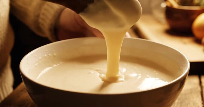 Close-up of a hand stirring a creamy mixture in a bowl on a rustic kitchen table