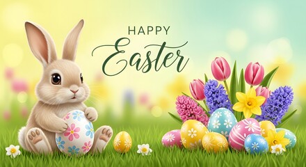 Cute Easter Bunny Holding Decorated Egg with Spring Flowers and Happy Easter Greeting