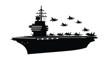 A striking black silhouette depicts a naval aircraft carrier with planes taking off a powerful silhouette © MIRAJ02