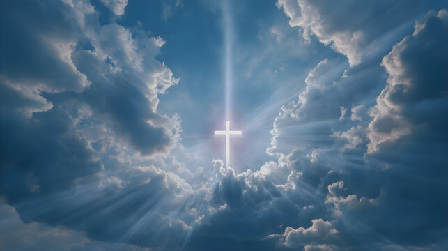Glowing Cross in Heavenly Sky with Divine Light Rays through Dramatic Clouds