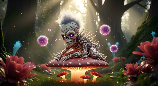 Teratoma Creature Resting on a Glowing Red Mushroom in Dark Forest