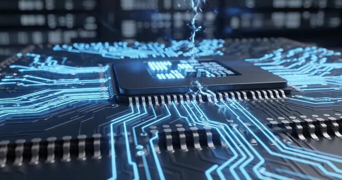 Close-up of a computer chip with blue liquid splashing, set against a high-tech background