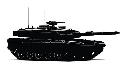 A stark black silhouette of a modern military tank dominates the frame showcasing its powerful design silhouette © MIRAJ02