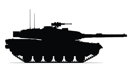 A stark black silhouette of a modern main battle tank powerfully conveying military strength silhouette © MIRAJ02