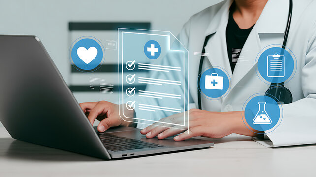 Male doctor in white coat using laptop with digital medical history interface showcasing patient health records and diagnostics icons in modern clinical environment setup