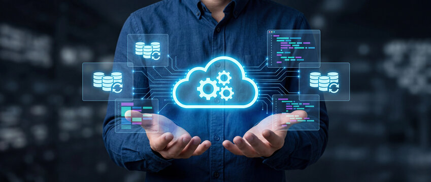 Cloud native development. Programmer developing applications for cloud computing. Cloud icon and source code illustrations.
