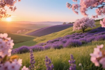 Fototapeta premium A serene sunrise over rolling hills covered in blooming lavender and cherry blossoms