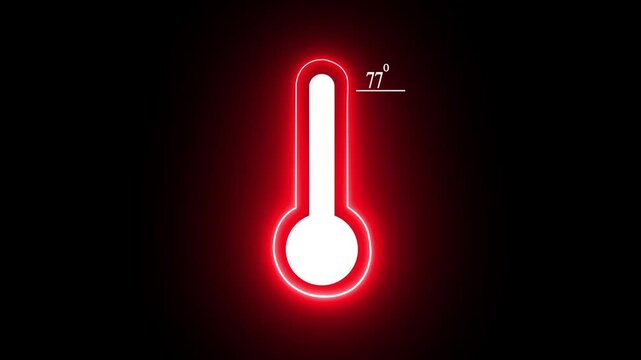 Neon Medical thermometer icon animation. indicates  temperature 77 degree increse or decline. Thermometer equipment showing hot or cold weather. Alpha