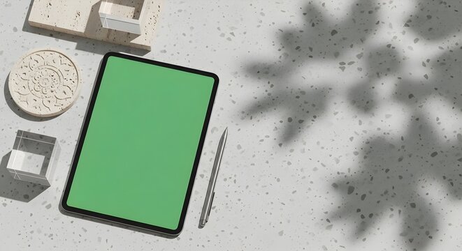 Top view mockup of a digital tablet with a green screen on a terrazzo surface with botanical shadows.