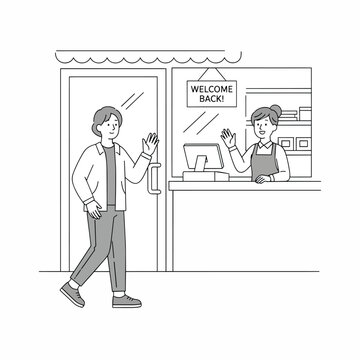 Customer Enters Store Waving to Welcoming Employee