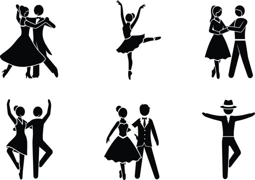Ballroom dancing couple silhouette, ballet dancer, salsa partners, tango performance, wedding dance icons, choreography set, professional dancers, elegant poses, vector illustration,