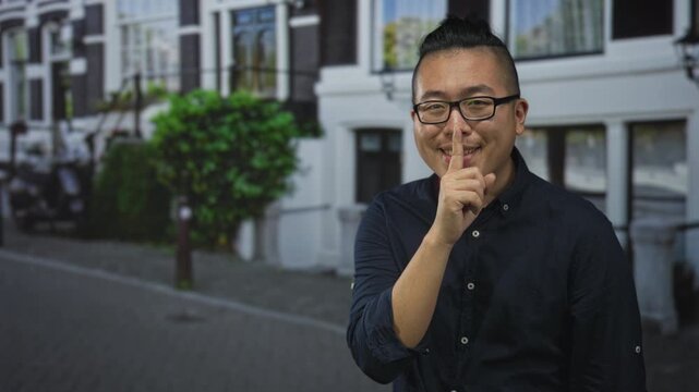 Young chinese man finger to lips for silence on cobblestone city street by white row buildings; secret hush quiet.