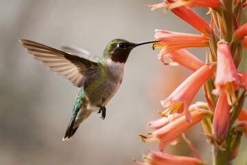 Fototapeta premium Hummingbird feeding on orange flowers in flight