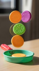 Colorful Discs Floating Above Green Bowl.