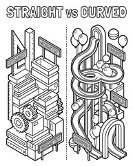 Obraz premium Isometric opposites adjectives illustrations for kids vocabulary and ESL learning Comparative Illustration of Straight vs Curved Geometric Worlds Playful isometric learning graphics for classroom 