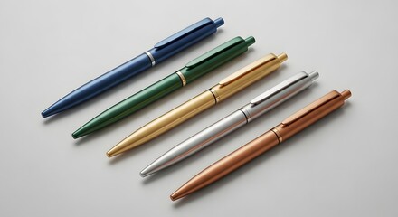 Fototapeta premium Five sleek metallic pens in blue, green, gold, silver, and copper diagonally arranged for writing