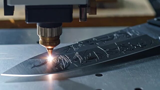 Industrial laser engraving intricate patterns onto a metal blade
