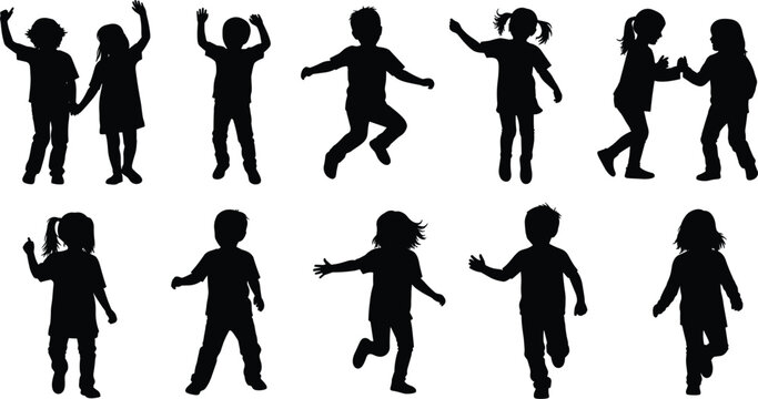 children, kids, silhouettes, childhood, playful, happy, jumping, dancing, running, fun, activity, people, youth, energy, movement, friends, playtime, freedom, joy, vector