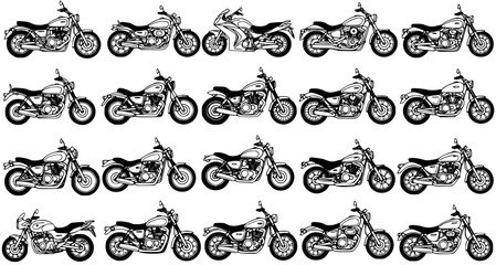 Obraz premium Black and White Line Art Collection of Diverse Motorcycles