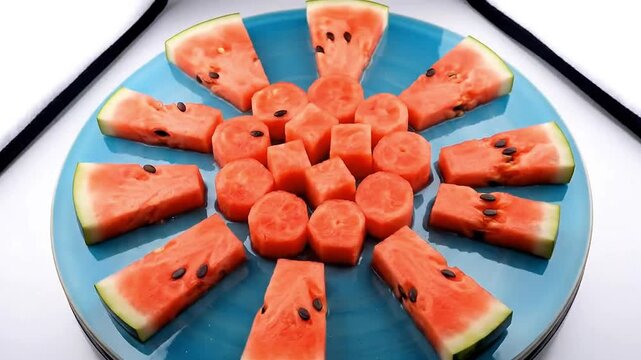 Watermelon Slices Flat Lay Overhead Rotating on Aqua Ceramic Tile Fresh Summer Fruit