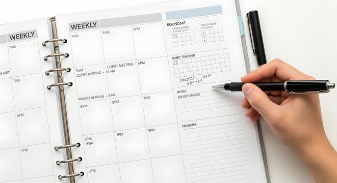 Hand writing in a white weekly planner with a black pen for schedule organization and productivity