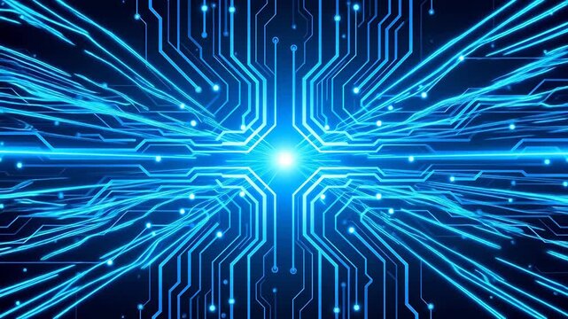 Blue circuit board pattern with glowing lines