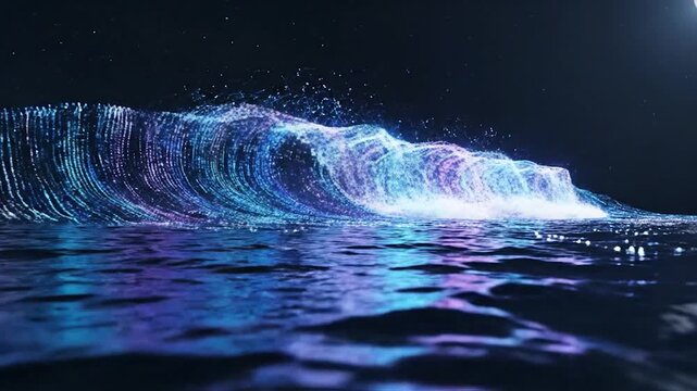 Vibrant digital wave of glowing particles breaking in a dark, cosmic ocean