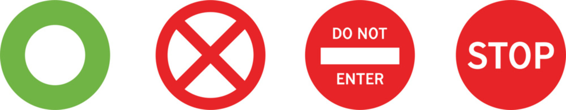 traffic stop and prohibition sign icons set, do not enter symbol, warning road signs collection, safety regulation symbol, flat vector illustration