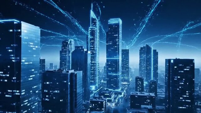 Futuristic cityscape with sleek skyscrapers and illuminated buildings at dusk from a high vantage point