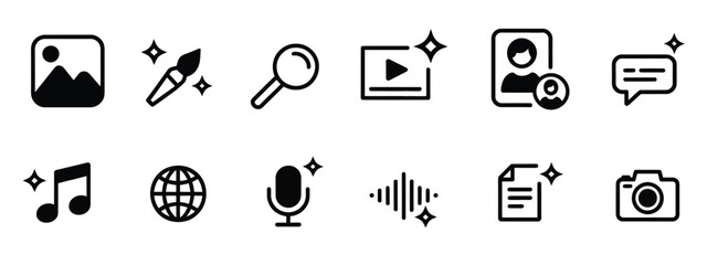 AI generated audio or media icon set, showcasing sparkle star symbols, magic pencil, and generative artificial intelligence tools for music, image generation, and creative technology design. © JamesDesign