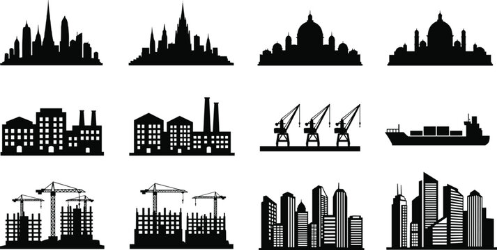Black and white vector silhouettes of modern city skylines, industrial factories, harbor cranes, construction sites, and cargo ship on isolated background