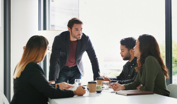 Presentation, office or business man with team for financial proposal, briefing or explain idea. Presenter, speaking or group in meeting for economy review, planning or investment strategy in company