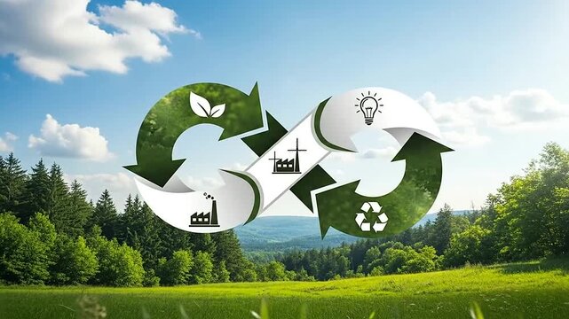 Circular economy concept with recycling and industry symbols in nature