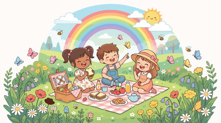 Childrens Picnic Under Rainbow With Butterflies And Bees