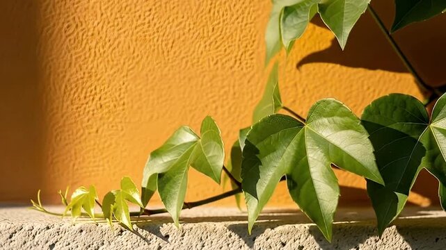 A close-up shot captures vibrant green leaves of a climbing plant, possibly a vine, elegantly resting on a textured concrete ledge. The warm, golden-orange stucco wall in the background provides a str