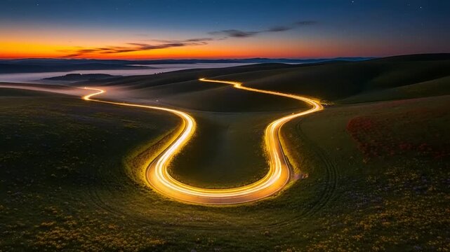 Winding road with light trails at sunset over rolling hills.