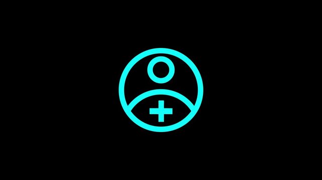 A cyan medical symbol depicting a person with a cross inside a circle