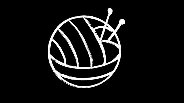 Yarn Ball and Knitting Needles Scribble Loop Animated Hand Drawn Video on Black Background, wool, craft, hobby, handmade, knit, crochet, textile