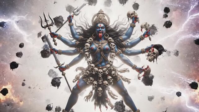 Fierce Goddess Kali with Multiple Arms and Skull Garland ornaments amid fiery cosmic backdrop