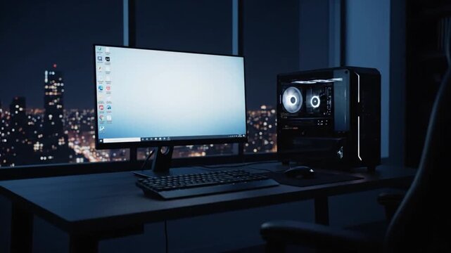 Modern workspace with computer and city view at night