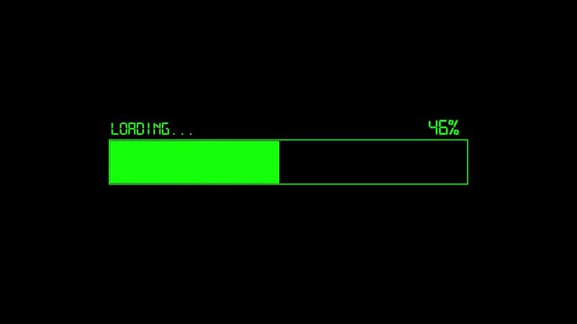 A digital loading screen displays progress with a green bar and text