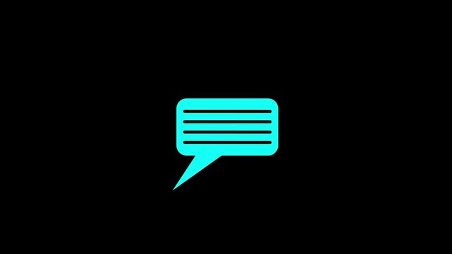 Cyan speech bubble icon isolated on a stark black background representing communication