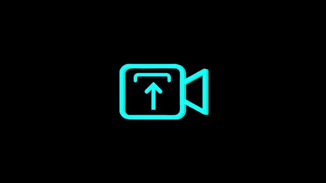 A bright blue film reel icon with an upward arrow on black background