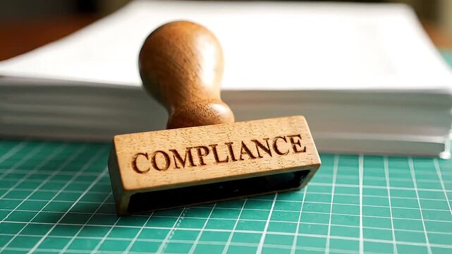 Wooden compliance stamp on documents for regulatory approval