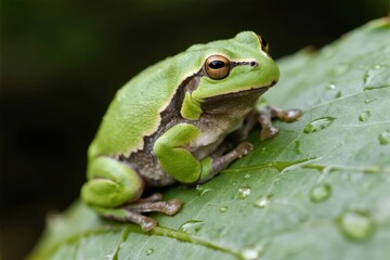 Fototapeta premium Green tree frog perched on a dew-covered leaf in a natural setting