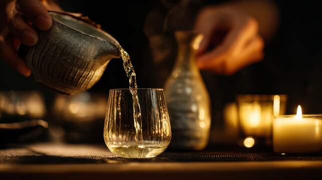 Elegant scene of pou tea into a glass with candles and decorative vases creating a cozy ambiance