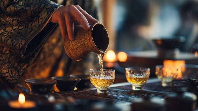 Traditional Japanese tea ceremony with pou hot water into small tea cups du peaceful cultural ritual