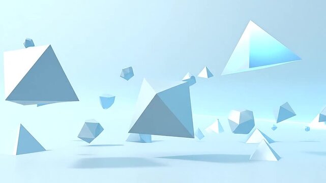 Abstract geometric shapes floating in a soft blue environment